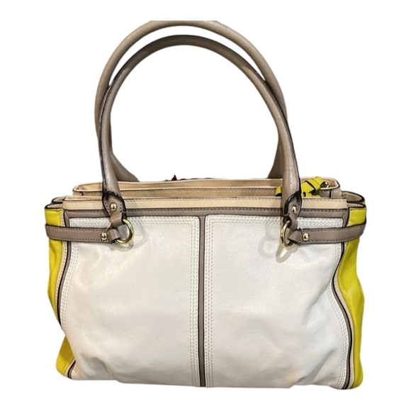 COACH EUC Madison Colorblock Kara Carryall beige/lime Leather Excellent LIKE new - Picture 3 of 11